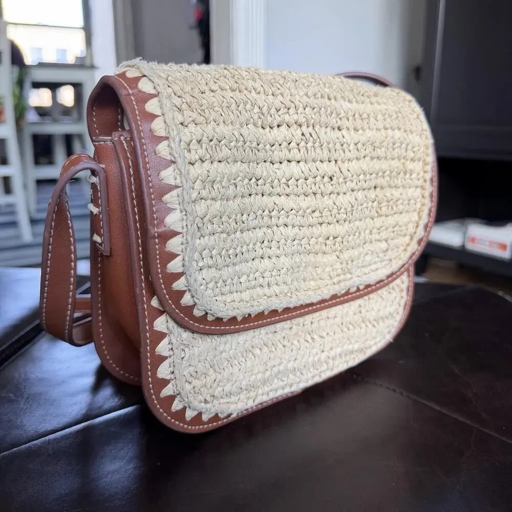 MNG Crossbody Bag Womens Small Beige Straw Brown Trim Scalloped Boho Beach